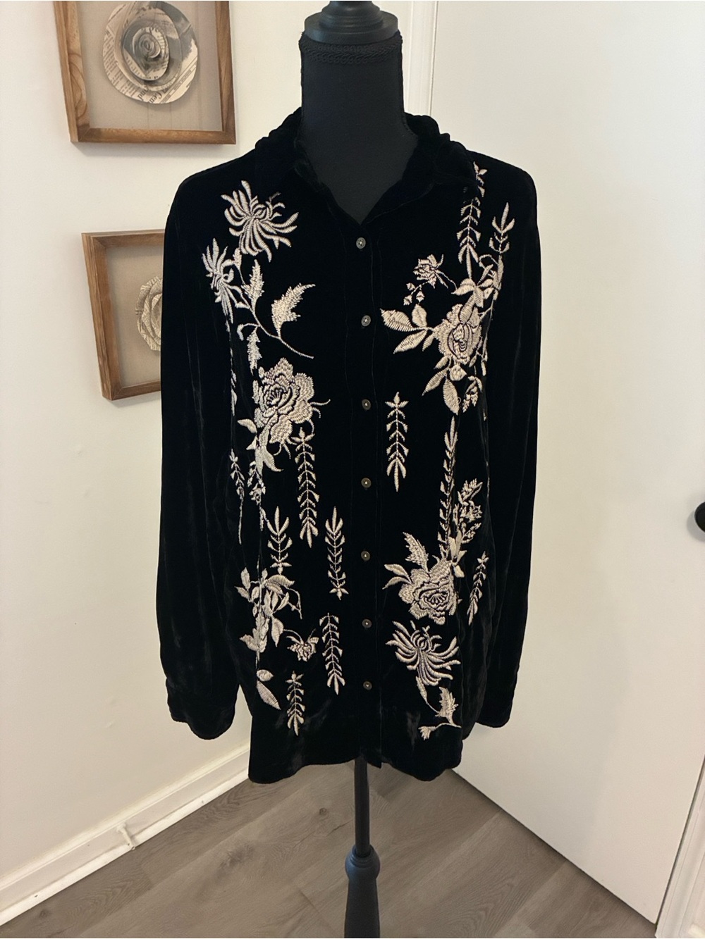 Johnny Was Black Velvet Button-Down with Ivory Floral Embroidery
